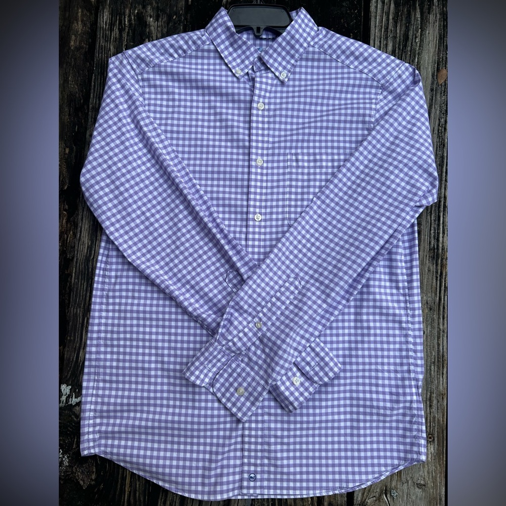 Vineyard Vines OTG On-The-Go Performance Long Sleeve Purple Gingham S Shirt C4 - Picture 3 of 6